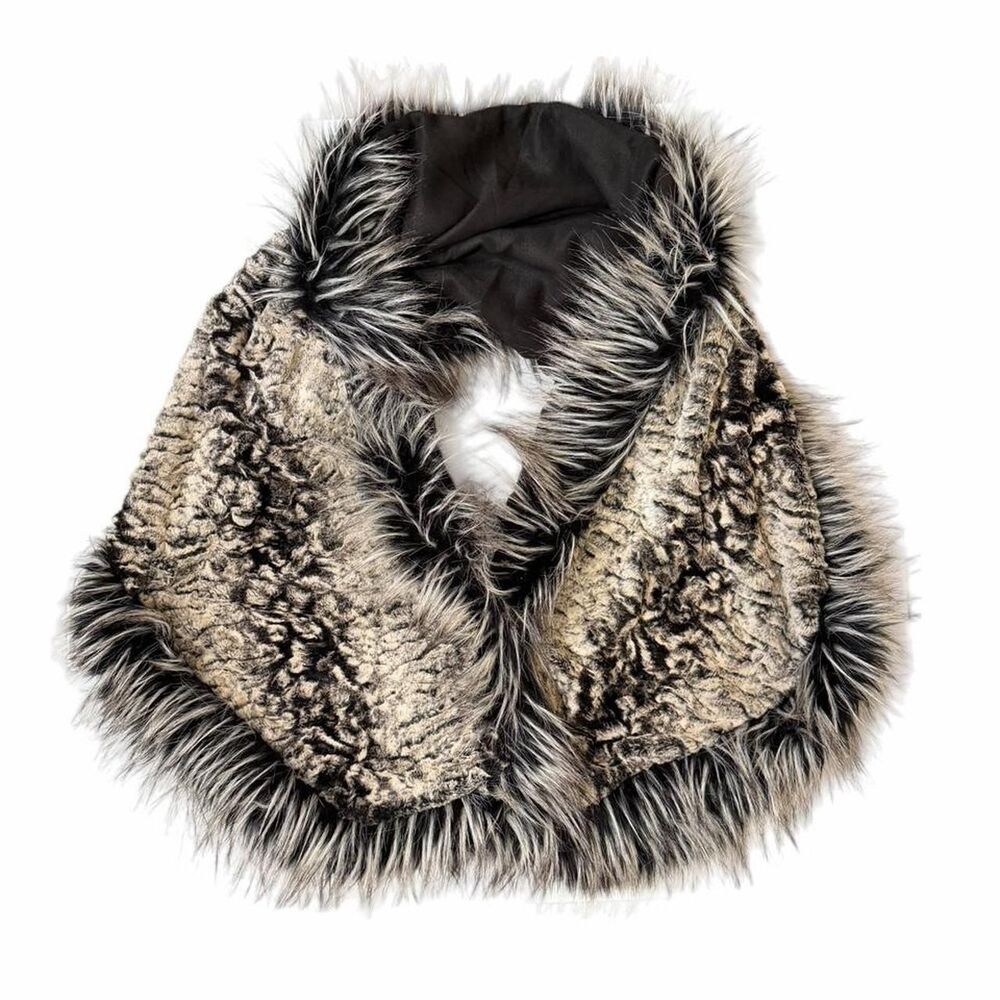 Fashion scarf black and gray faux fur scarf with silver and black fur trim